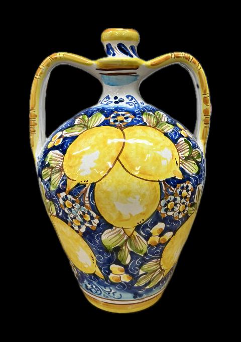 Anfora siciliana Quartara con manici con limoni in ceramica siciliana Produzione artigianale di Caltagirone h.30