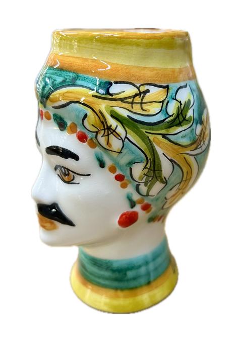 Teste di moro modello Token verde con ornato giallo Produzione artigianale di Caltagirone h.14 cm