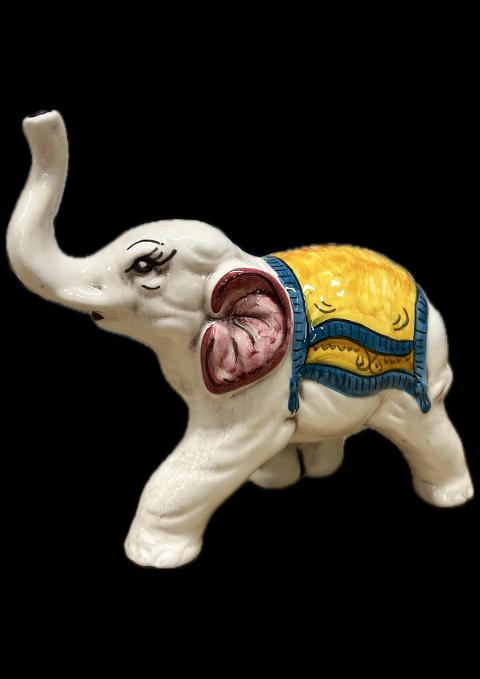 Elefante in ceramica siciliana portafortuna decoro blu e giallo Produzione artigianale di Caltagirone lunghezza 20cm
