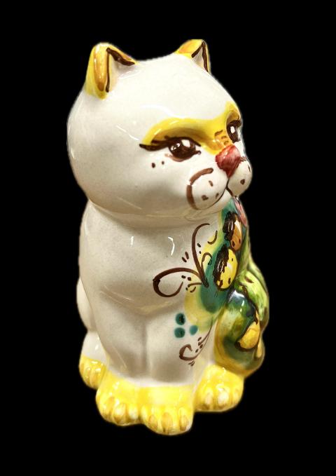 Gatto in ceramica decoro fichi d'india su fondo verde Produzione artigianale di Caltagirone h.13cm