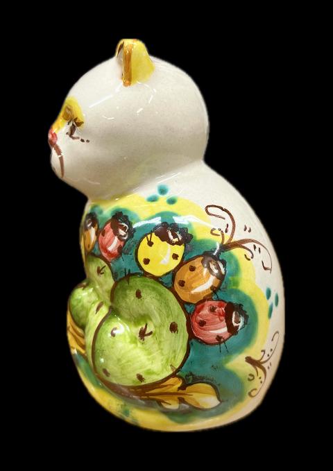 Gatto in ceramica decoro fichi d'india su fondo verde Produzione artigianale di Caltagirone h.13cm