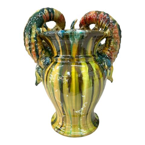 Testa di moro collezione I Miti modello Satiro Filottete colore giallo verde e rosso Produzione artigianale di Santo Stefano di Camastra h.30 cm