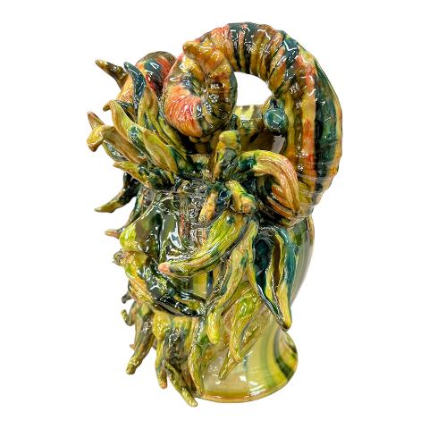 Testa di moro collezione I Miti modello Satiro Filottete colore giallo verde e rosso Produzione artigianale di Santo Stefano di Camastra h.30 cm