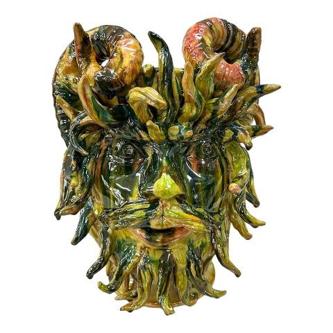 Testa di moro collezione I Miti modello Satiro Filottete colore giallo verde e rosso Produzione artigianale di Santo Stefano di Camastra h.30 cm