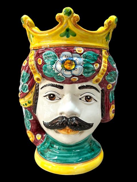 Coppia Teste di moro bordeaux classiche con corona decoro floreale Produzione artigianale  di Caltagirone h.32cm