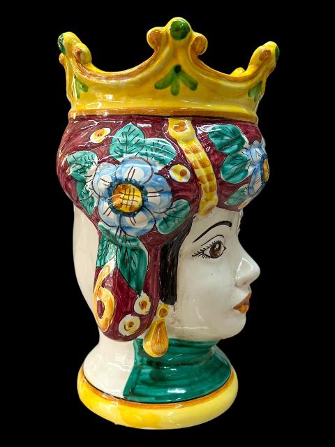 Coppia Teste di moro bordeaux classiche con corona decoro floreale Produzione artigianale  di Caltagirone h.32cm