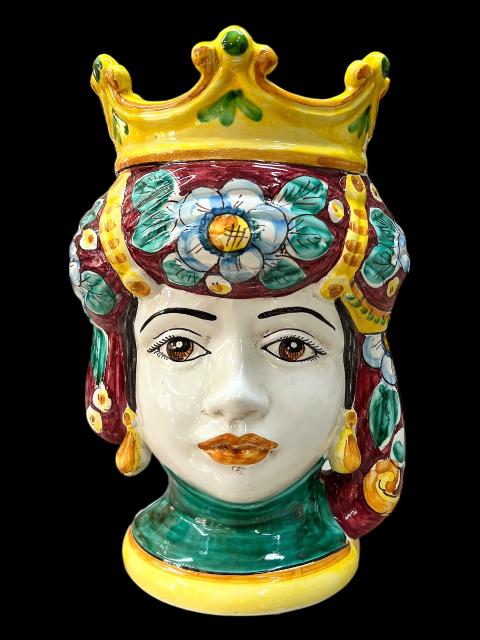 Coppia Teste di moro bordeaux classiche con corona decoro floreale Produzione artigianale  di Caltagirone h.32cm