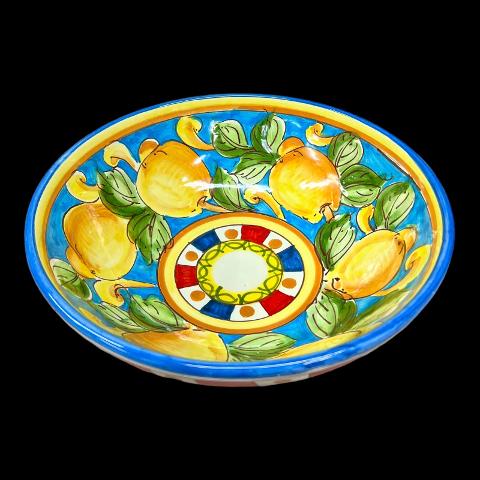 Ciotola centrotavola in ceramica siciliana decoro carretto con limoni Produzione artigianale di Santo Stefano di Camastra Diametro 30cm