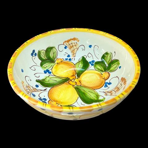 Ciotola centrotavola in ceramica siciliana con limoni decoro giallo e bianco Produzione artigianale di Santo Stefano di Camastra Diametro 20cm