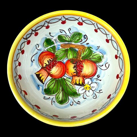 Ciotola centrotavola in ceramica siciliana con melograni e margherite decoro giallo e bianco Produzione artigianale di Santo Stefano di Camastra Diametro 20cm