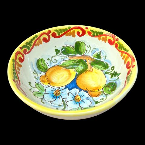 Ciotola centrotavola in ceramica siciliana con limoni e margherite decoro giallo e bianco Produzione artigianale di Santo Stefano di Camastra Diametro 20cm
