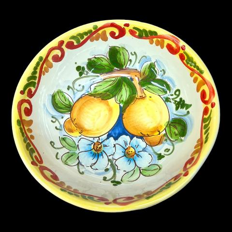 Ciotola centrotavola in ceramica siciliana con limoni e margherite decoro giallo e bianco Produzione artigianale di Santo Stefano di Camastra Diametro 20cm