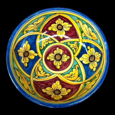 Ciotola centrotavola in ceramica siciliana decoro barocco floreale bordeaux giallo e blu Produzione artigianale di Santo Stefano di Camastra Diametro 20cm