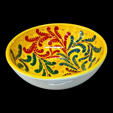 Ciotola centrotavola in ceramica siciliana decoro moderno floreale verde giallo e rosso Produzione artigianale di Santo Stefano di Camastra Diametro 20cm