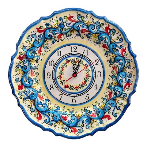 Orologio da parete in ceramica siciliana smerlato decoro siciliano blu Produzione artigianale di Santo Stefano di Camastra diametro 36cm