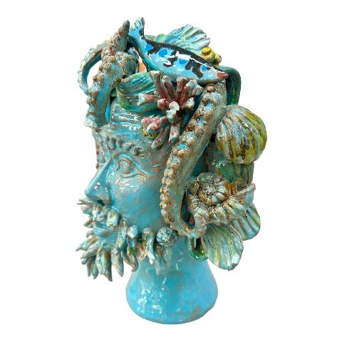 Testa di moro collezione I Miti modello Nettuno e Sirena decoro azzuro Produzione artigianale di Palermo h.30cm
