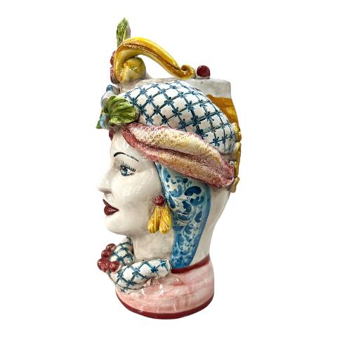 Teste di Moro con corona e turbante decoro floreale blu e bordeaux Produzione artigianale di Caltagirone h.30cm