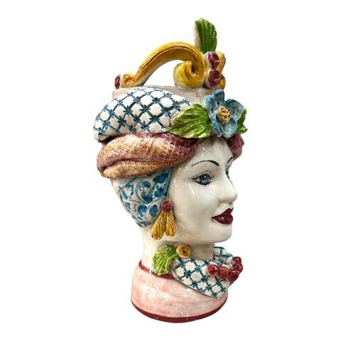 Teste di Moro con corona e turbante decoro floreale blu e bordeaux Produzione artigianale di Caltagirone h.30cm