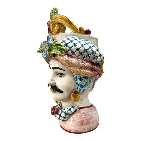 Teste di Moro con corona e turbante decoro floreale blu e bordeaux Produzione artigianale di Caltagirone h.30cm