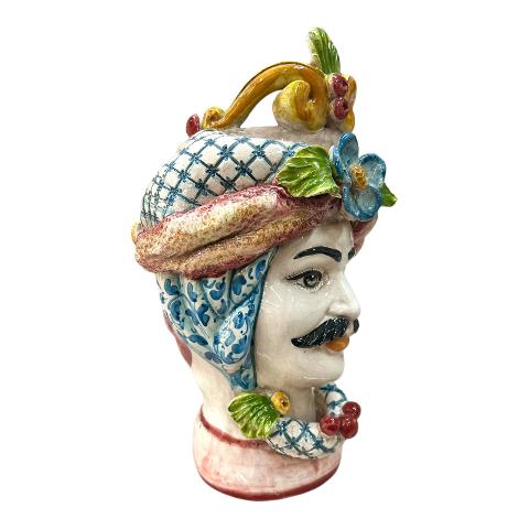 Teste di Moro con corona e turbante decoro floreale blu e bordeaux Produzione artigianale di Caltagirone h.30cm