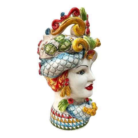 Teste di Moro con corona e turbante decoro siciliano con limoni e fichi d'india Produzione artigianale di Caltagirone h.30cm