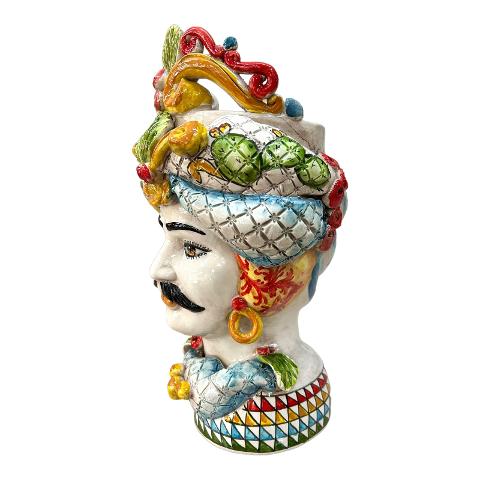 Teste di Moro con corona e turbante decoro siciliano con limoni e fichi d'india Produzione artigianale di Caltagirone h.30cm