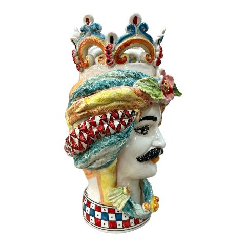 Teste di Moro con corona e turbante decoro siciliano Produzione artigianale di Caltagirone h.30cm