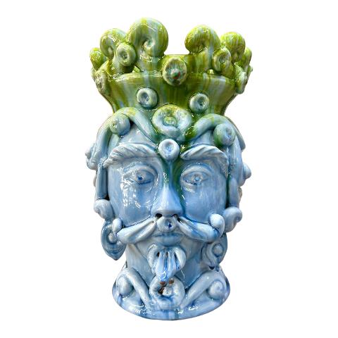 Testa di moro Carlo Magno modello Kaleido decoro azzurro e verde Produzione artigianale Santo Stefano di Camastra h.35cm