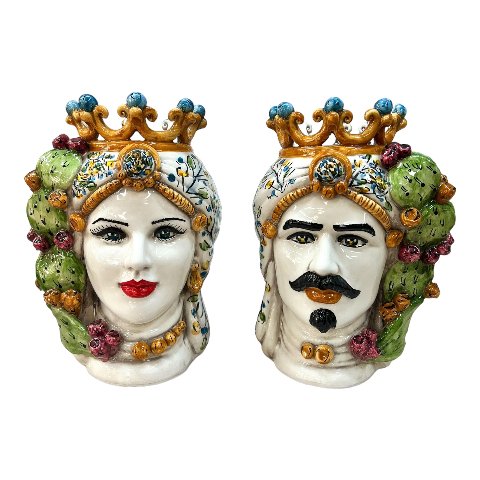 Teste di Moro decorate con fichi d'india e corona in ceramica siciliana Produzione artigianale di Caltagirone h.25cm