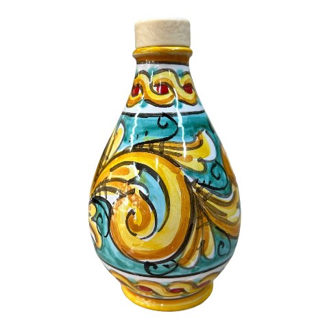 Oliera in ceramica siciliana decoro ornato barocco giallo e verde Produzione artigianale di Caltagirone h.15cm