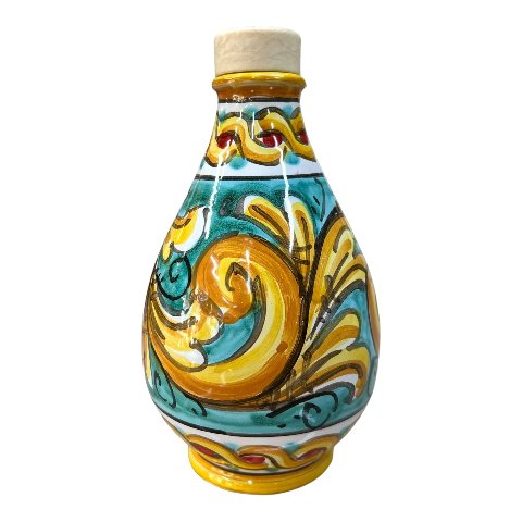 Oliera in ceramica siciliana decoro ornato barocco giallo e verde Produzione artigianale di Caltagirone h.15cm