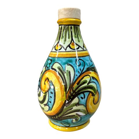 Oliera in ceramica siciliana decoro ornato barocco giallo e verde Produzione artigianale di Caltagirone h.15cm