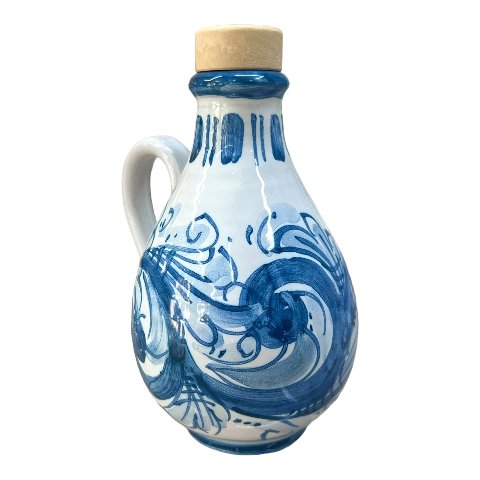Oliera con manico in ceramica siciliana decoro ornato barocco azzurro e bianco Produzione artigianale di Caltagirone h.15cm