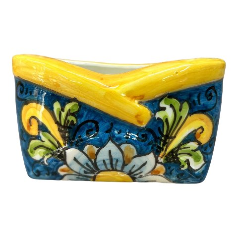 Porta biglietti da visitia in ceramica siciliana decoro ornato giallo con fondo blu Produzione artigianale  di Caltagirone Lunghezza 12cm