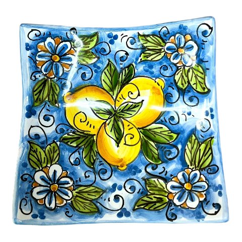 Svuota tasche/Porta caramelle in ceramica siciliana decoro floreale blu con limoni Produzione artigianale di Caltagirone Lunghezza 25cm