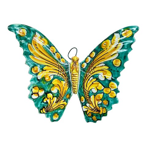 Farfalla da parete in ceramica siciliana decoro giallo ornato e verde Produzione artigianale di Caltagirone Larghezza 22cm