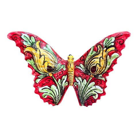 Farfalla da parete in ceramica siciliana decoro giallo ornato e rosso Produzione artigianale di Caltagirone Larghezza 22cm