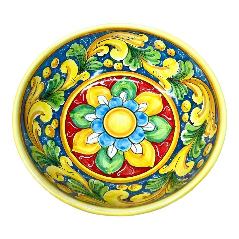 Ciotola centrotavola in ceramica siciliana decoro ornato barocco giallo e verde Produzione artigianale di Santo Stefano di Camastra Diametro 25cm