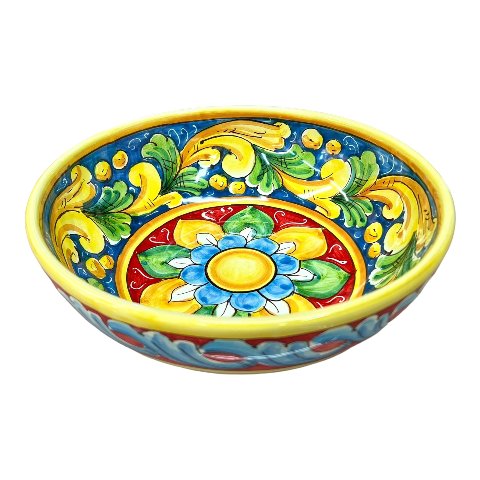 Ciotola centrotavola in ceramica siciliana decoro ornato barocco giallo e verde Produzione artigianale di Santo Stefano di Camastra Diametro 25cm