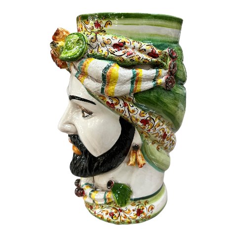 Teste di Moro con fichi d'india e turbante decoro floreale verde Produzione artigianale  di Caltagirone h.40cm