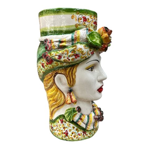 Teste di Moro con fichi d'india e turbante decoro floreale verde Produzione artigianale  di Caltagirone h.40cm