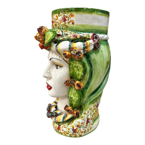Teste di Moro con fichi d'india e turbante decoro floreale verde Produzione artigianale  di Caltagirone h.40cm