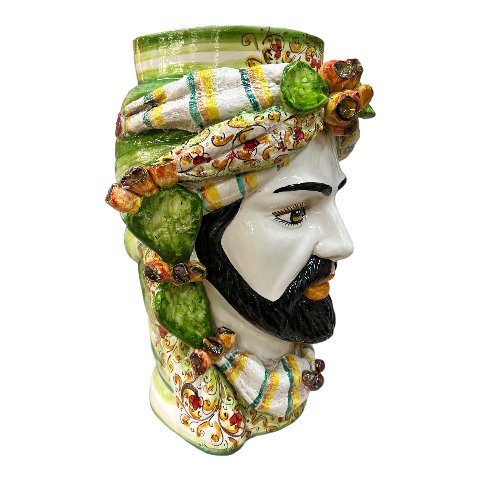 Teste di Moro con fichi d'india e turbante decoro floreale verde Produzione artigianale  di Caltagirone h.40cm
