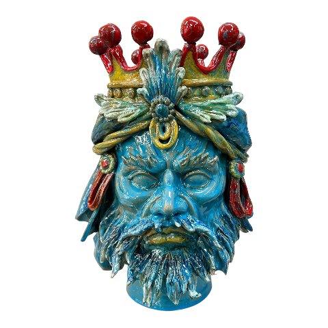 Testa di moro collezione I Miti modello Re Mida decoro celeste Produzione artigianale di Palermo h.40cm