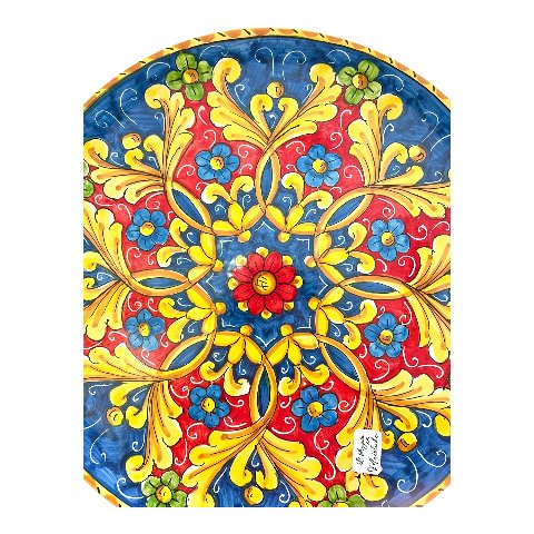 Piatto ornamentale da parete in ceramica siciliana decoro floreale blu e giallo Produzione artigianale di Santo Stefano di Camastra Diametro 37cm