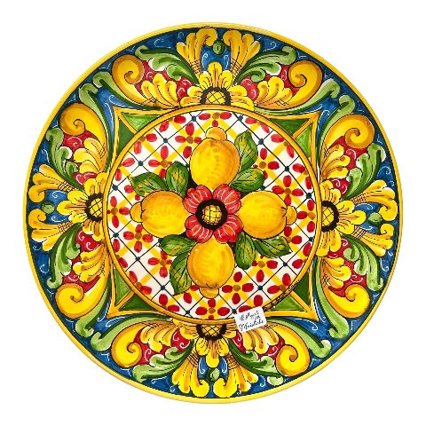 Piatto ornamentale in ceramica siciliana con limoni decoro ornato giallo Produzione artigianale di Santo Stefano di Camastra Diametro 37cm
