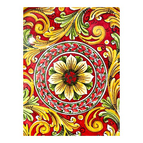 Piatto ornamentale da parete in ceramica siciliana fondo rosso decoro barocco rosso e giallo Produzione artigianale di Caltagirone Diametro 43cm