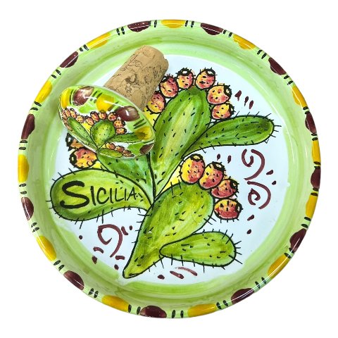 Sottobottiglia con tappo in ceramica siciliana decoro fichi d'india Produzione artigianale di Santo Stefano di Camastra Diametro 12cm