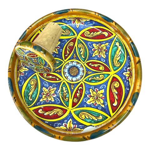 Sottobottiglia con tappo in ceramica siciliana decoro ornato barocco Produzione artigianale di Santo Stefano di Camastra Diametro 12cm