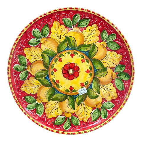 Piatto ornamentale da parete in ceramica siciliana con limoni fondo rosso Produzione artigianale di Santo Stefano di Camastra diametro 43cm